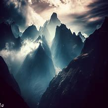 A dramatic and inspiring rock mountain range, with peaks that soar into the clouds and valleys filled with sparkling streams.