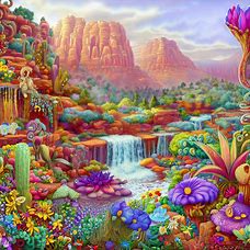 Design a dream-like landscape of Sedona, Arizona, with whimsical flowers, creatures and waterfalls in the desert.