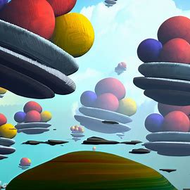 Design a surreal landscape with floating islands formed by stacks of colorful softballs.. Image 3 of 4