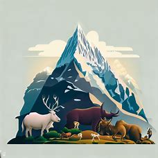 Design an illustration of Mount Everest showcasing the different wildlife that can be found at its base.