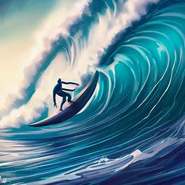 Illustrate a surfer catching a massive wave on a futuristic surfboard.