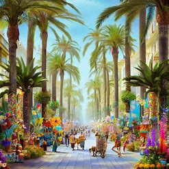 Create a whimsical tropical version of La Rambla, the famous boulevard in Barcelona, with palm trees, exotic flowers and colorful street performers.