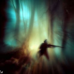 Create a surreal and mystical image of a hunter pursuing their prey through a dreamlike forest.