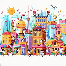 Illustrate a whimsical, cartoonish version of Toronto, with cheerful buildings and lively characters spreading joy and happiness throughout the city.