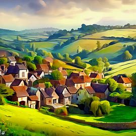 A picturesque representation of a quaint local village, surrounded by rolling hills and green fields. Image 3 of 4