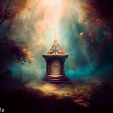 Create a surreal depiction of a tabernacle in the middle of a dream-like forest.