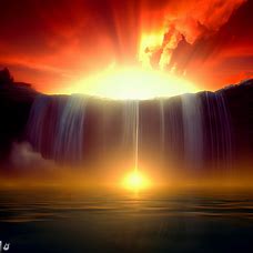 Visualize a dramatic sunset, with a brilliant red and orange sun beaming down behind a heavenly waterfall cascading into a deep, still pool.