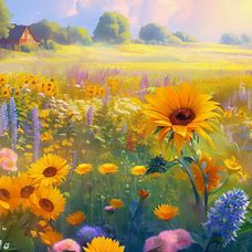 Create an idyllic summer landscape filled with fields of sunflowers and wildflowers.