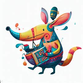 Draw a whimsical and colorful aardvark playing a musical instrument.. Image 3 of 4