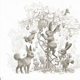 Draw a whimsical scene of animals, such as rabbits and deer, picking grapes from towering vines.。第 2 个图像，共 4 个图像