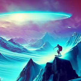 Depict a futuristic snowboarder on an extreme mountain landscape.. Image 3 of 4
