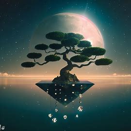 Design a surreal bonsai tree with a floating, diamond-studded moon in the background.. Image 4 of 4