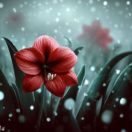 An amaryllis flower nestled amidst a field of falling snowflakes.. Image 4 of 4