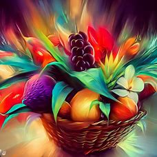Visualize and paint a gift basket full of exotic fruits.