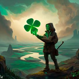Create a surreal landscape featuring the character Asta wielding his five-leaf clover grimoire.. Image 4 of 4