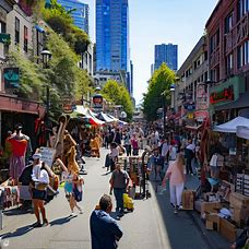 Depict the bustling streets of Seattle, filled with eclectic and eccentric street performers, artists, and vendors.