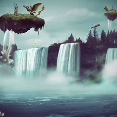 Create a surreal interpretation of Niagara Falls with floating islands and enchanted creatures.