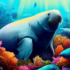 Draw a majestic manatee surrounded by vibrant coral reefs