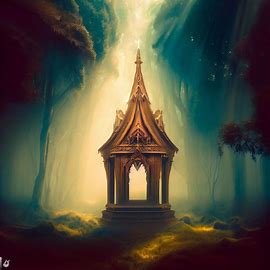 Create a surreal depiction of a tabernacle in the middle of a dream-like forest.. Image 3 of 4