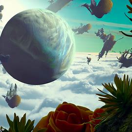 Create a surreal landscape featuring an earth floating in a sea of clouds surrounded by a strange flora and fauna. Image 2 de 4