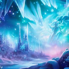 Depict a mystical winter kingdom with glowing crystals, snowflakes as large as buildings and mythical creatures flying overhead.