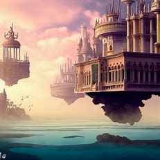 Design a surrealist vision of Valencia, with floating palaces and dreamlike landscapes.