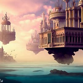 Design a surrealist vision of Valencia, with floating palaces and dreamlike landscapes.. Image 1 of 4