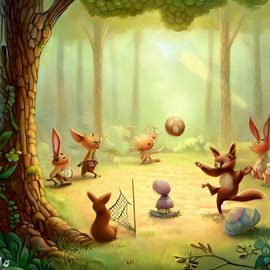 Illustrate a whimsical scene of woodland creatures playing a game of volleyball in a forest clearing.. Image 2 of 4