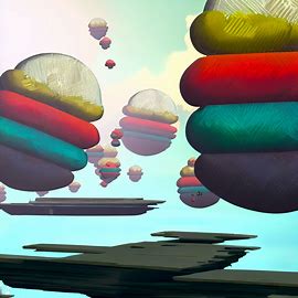 Design a surreal landscape with floating islands formed by stacks of colorful softballs.. Image 2 of 4