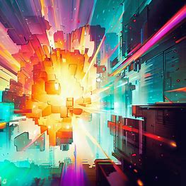 Illustrate a futuristic cityscape exploding with vibrant colors and a giant boom