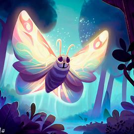 Illustrate a scene with a giant moth soaring through a magical forest.. Image 3 of 4