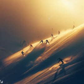 Imagine a group of skiers and snowboarders racing down a steep and challenging mountain run, basked in the golden glow of the setting sun.. Image 2 of 4