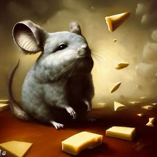 Make a surrealist painting of a chinchilla surrounded by floating pieces of cheese.