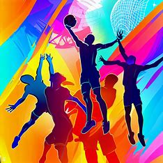Create a unique and stylish volleyball clipart that includes a colorful background and several players in mid-air with their arms raised about to hit the ball.