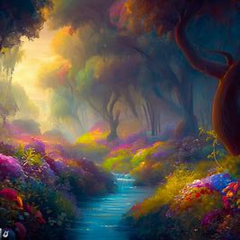 Paint a picture of a serene and enchanted forest, dotted with dazzling blooms of every hue, with whimsically shaped trees dotted throughout and a tranquil stream meandering its way.