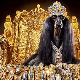 Picture an Afghan Hound that is sitting on a throne of solid gold, surrounded by glittering jewels, and wearing a crown of diamonds and sapphires.. Image 3 of 4