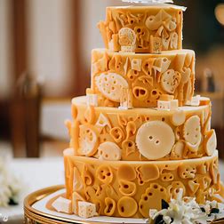 Picture a cheese-themed wedding cake, complete with intricate cheese decorations.