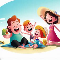Illustrate a family of cartoon characters enjoying a day at the beach.