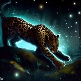 Paint a picture of a jaguar hunting at night in its natural habitat, surrounded by glowing stars.. Image 4 of 4