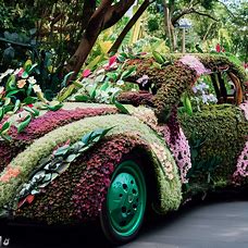 A car that's made entirely of flowers and leaves, perfect for nature lovers.