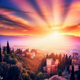 Imaginate a beautiful sunset over Granada, Spain with a stunning view from the Alhambra palace.. Image 3 of 4