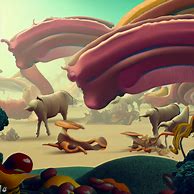 Create an image of a fantastical landscape filled with strange and exotic meats