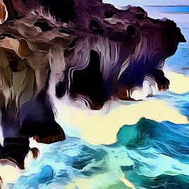 Create an abstract, whimsical representation of the iconic black rock cliffs of Maui, complete with hidden caves and crashing waves.