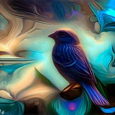 Create a surreal and abstract depiction of an indigo bunting surrounded by an imaginary world.