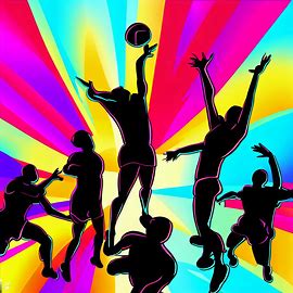 Create a unique and stylish volleyball clipart that includes a colorful background and several players in mid-air with their arms raised about to hit the ball.. Image 4 of 4
