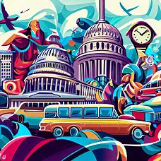 Depict a vibrant and bustling city featuring iconic political landmarks and symbols in the background