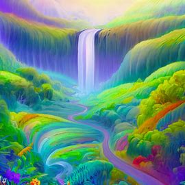 Draw a fantastical, whimsical image of the Road to Hana, with a rainbow of colorful flora and fauna, rolling green hills, and a graceful waterfall cascading into a lush valley.. Image 3 of 4