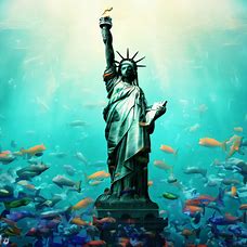 Create an image of the Statue of Liberty fully immersed in water, with schools of vibrant tropical fish swimming around its