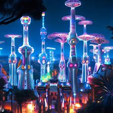Picture a futuristic version of Barcelona's famous Park Guell, with towering sculptures of robots and trees made of neon lights.