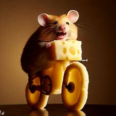 A hamster riding a bicycle made entirely out of cheese with a big grin